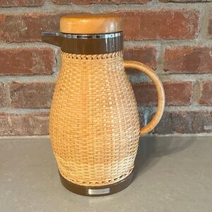 Vintage Wicker and Brown Thermal Carafe By Corning Design